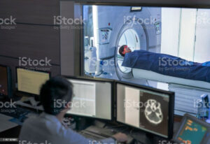 Magnetic Resonance Imaging (MRI) machine in a medical facility, used for diagnostic imaging purposes.