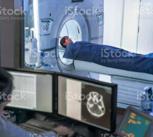 Magnetic Resonance Imaging (MRI) machine in a medical facility, used for diagnostic imaging purposes.