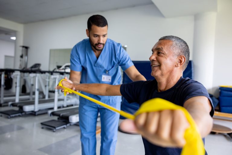 Physical therapy aids a fifty-year-old man in regaining his previous level of health and mobility. Through targeted exercises, interventions, and guidance from a skilled therapist, the man works towards restoring his physical condition, enhancing his quality of life and overall well-being.
