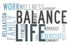 Illustration depicting a scale with work, school, and life elements in balance, representing the concept of achieving equilibrium in various aspects of life.