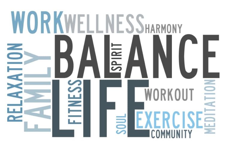 Illustration depicting a scale with work, school, and life elements in balance, representing the concept of achieving equilibrium in various aspects of life.