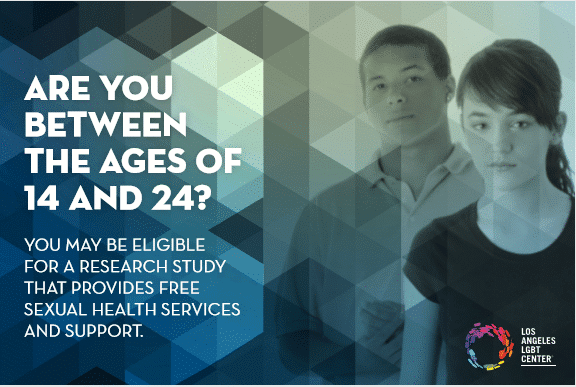 Promotional image for the HIV Prevention Study conducted in partnership with the Los Angeles LGBTQ Center, featuring diverse individuals engaged in discussion.