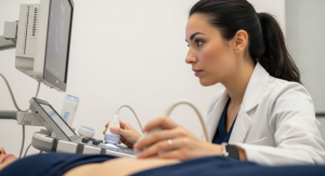 sonographer performing ultrasound on patients stomach