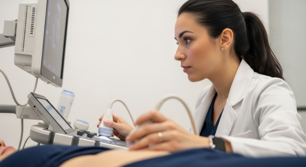 sonographer performing ultrasound on patients stomach