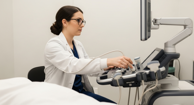 sonographer performing ultrasound on patient