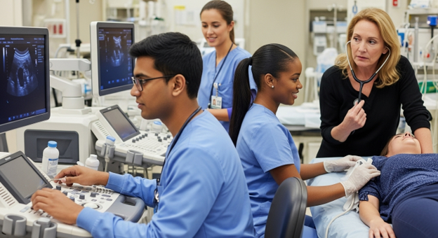 diagnostic medical sonographer at work station in hospital