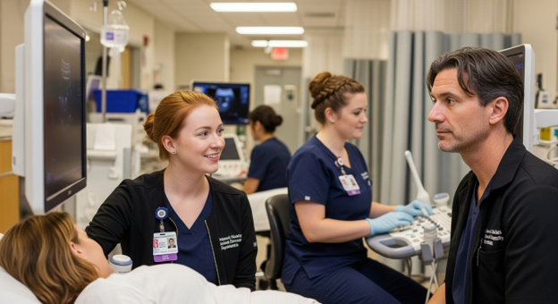 diagnostic medical sonographer talking with doctor in hospial