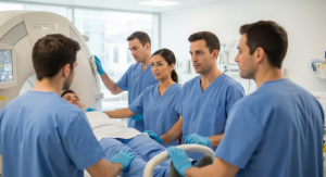 mri technician students learning about mri equipment with instructor