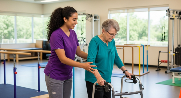 occupational therapist assistant helping balance patient with walker