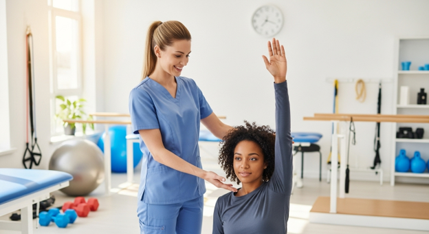 physical therapist assistant working with patient as they raise their hand into the air