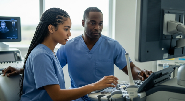 sonography student learning to use electrocardiogram with instructor