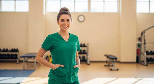 occupational therapy assistant standing in workout facility