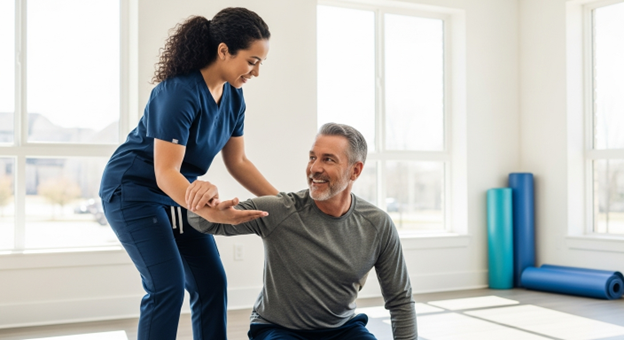 physical therapy assistant working with patient