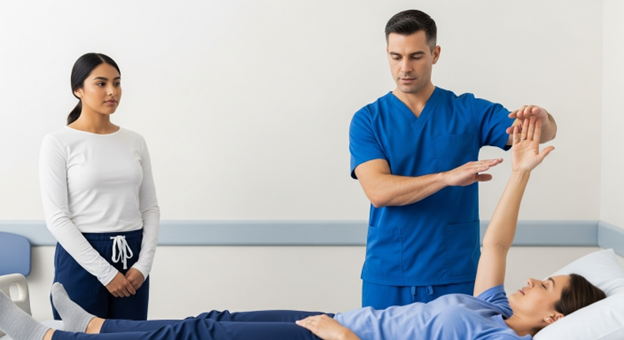 physical therapy assistant helping patient on massage table